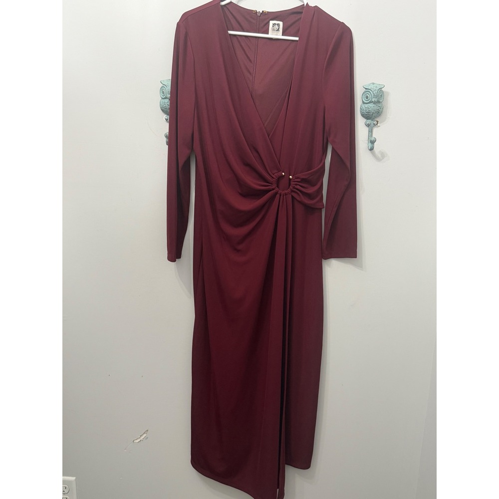 Anne Klein Burgundy V-Neck O-Ring Ruched Midi Dress Long Sleeve Size L